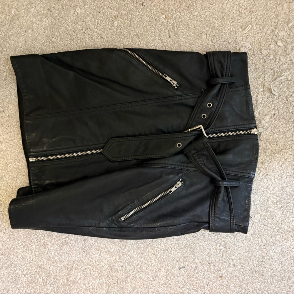 Bardot Black Leather Moto Skirt with Belted Waist